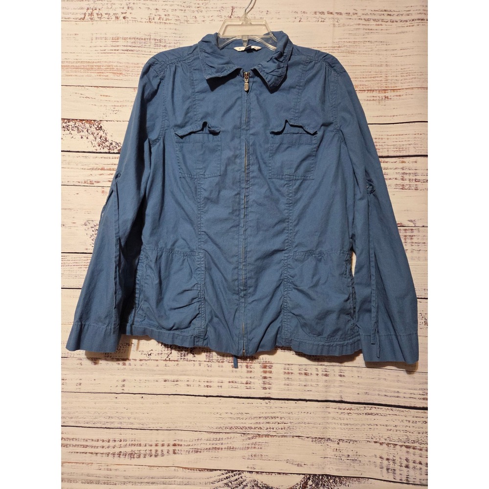 Cabi Womens Blue Ripstop Cotton Utility Jacket Zip Up Drawstring Waist Size L